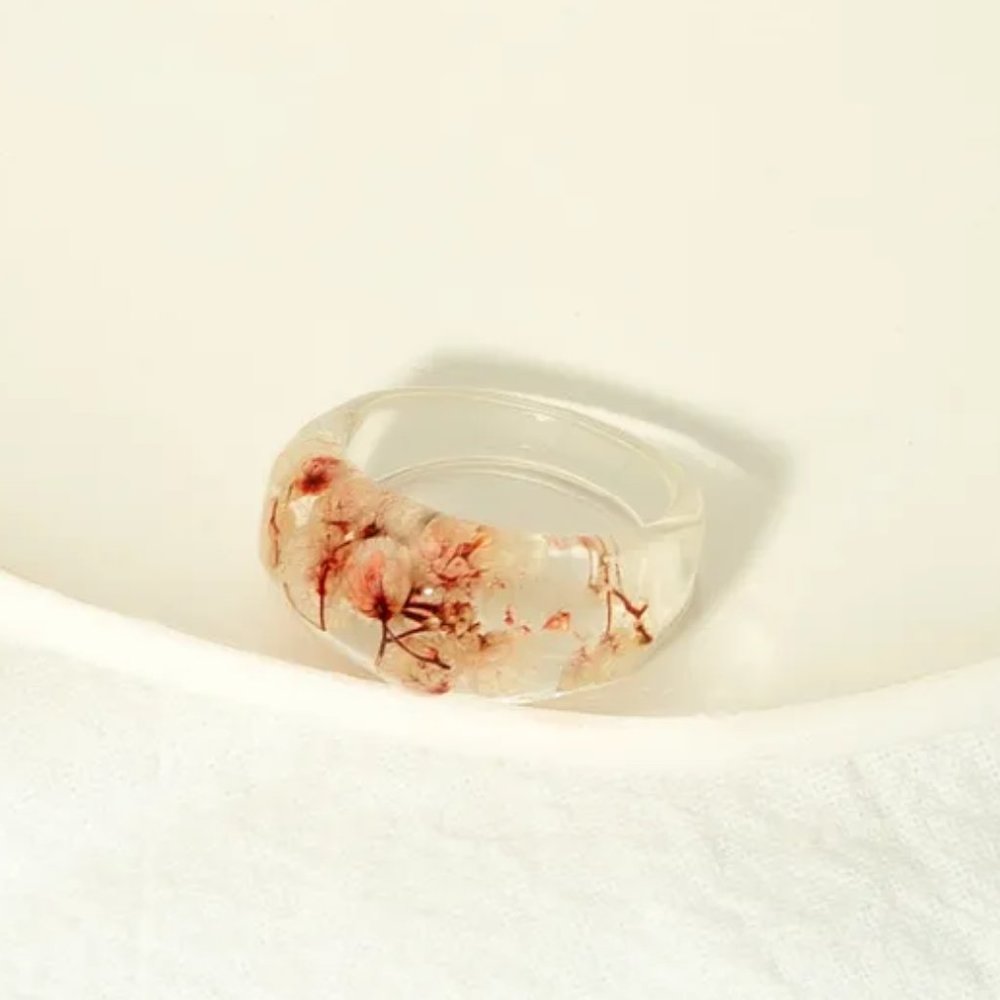 Pink & White Baby's Breath Dried Flowers Boho Pressed Flowers Clear Resin Ring